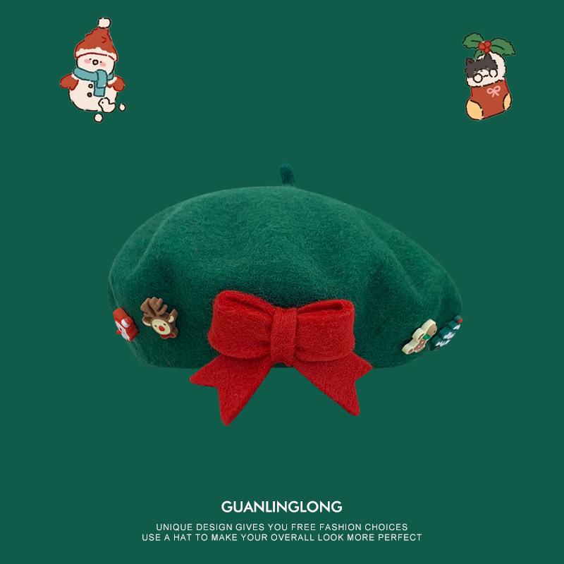 Рождественский берет с бантом для девочки, детская шерстяная теплая шапка для родителей и детей, рождественский подарок, шляпа художника