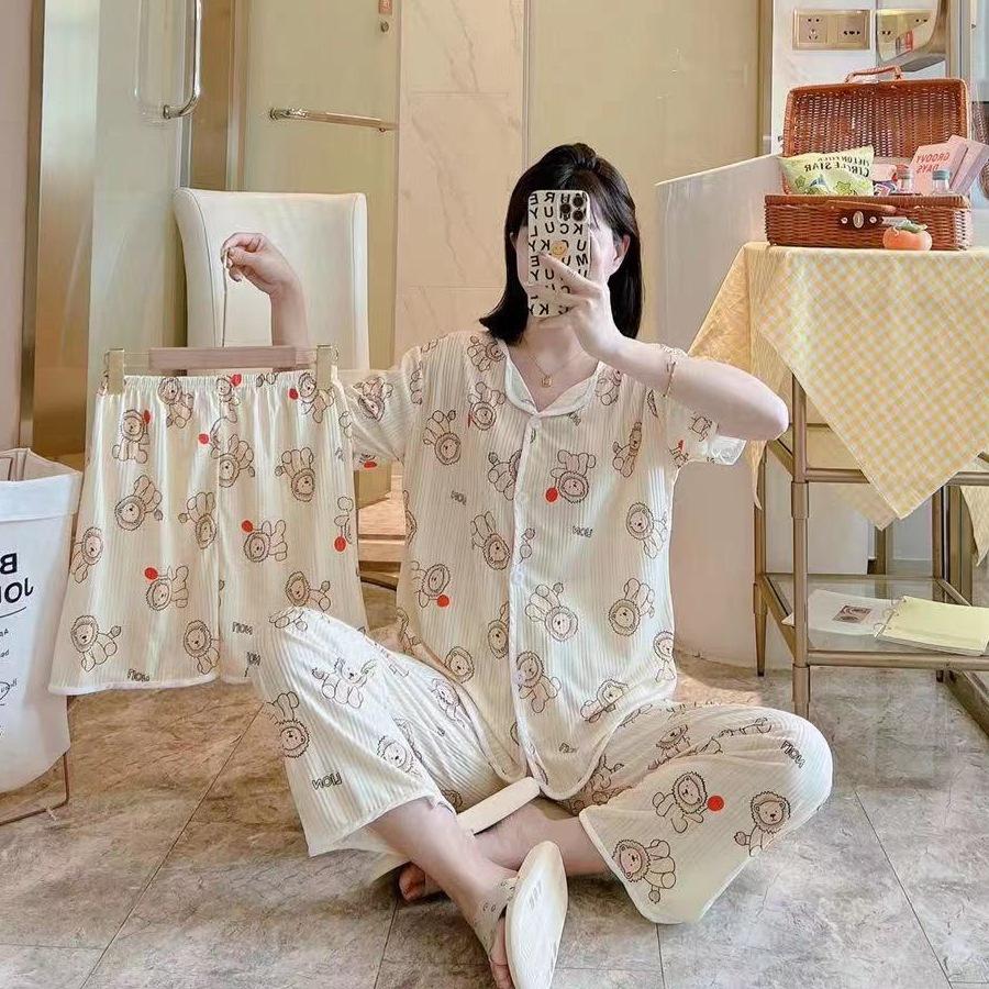 Женская домашняя одежда, повседневная пижама, летние шорты с короткими рукавами и рисунком из мультфильма, повседневный кардиган из трех предметов, комплект домашней одежды больших размеров