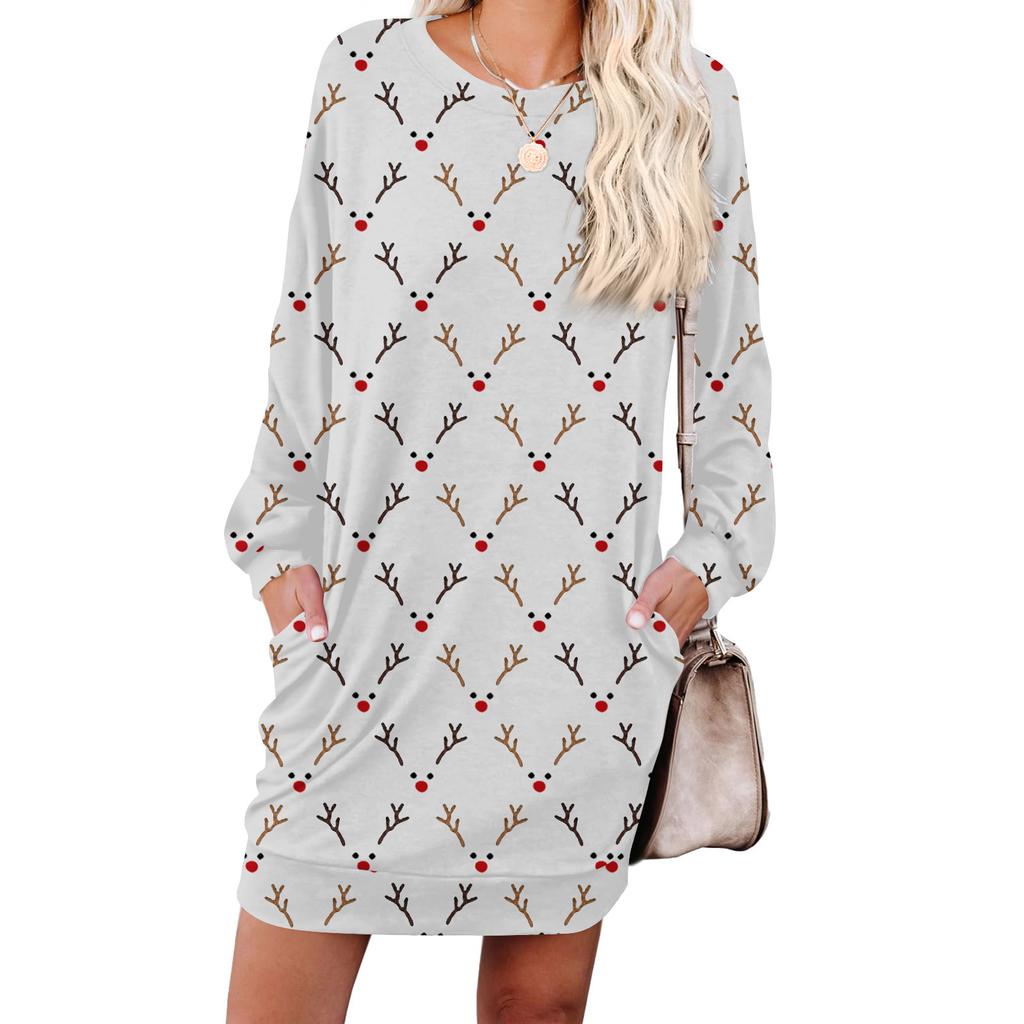 Женское модное платье с ретро-принтом, с длинным рукавом, круглым вырезом и карманом