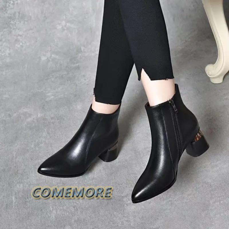 Удобная женская обувь, ботинки, женская зимняя обувь, мода 2025 года, классика, заостренный конец, кожа, искусственная кожа, женская осенняя повседневная обувь