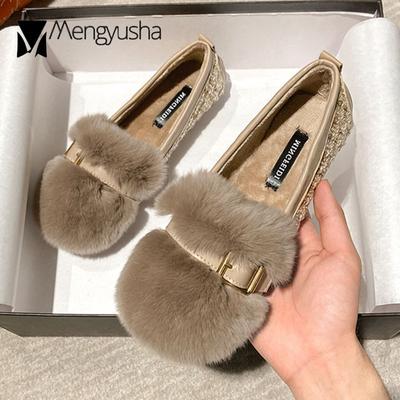 Модные женские туфли на плоской подошве из кроличьего меха с металлической пряжкой на ремне, зимние хлопковые туфли, женские мокасины с мехом, большие размеры 35-43, мягкие мокасины без застежек