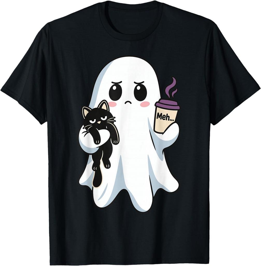 Grumpy Ghost Black Cat Meh Coffee Cute Spooky Cat Mom Humor T-Shirt