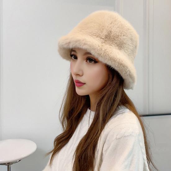 Women Winter Bucket Hat Fuzzy Plush Short Brim Solid Color Dome Windproof Warmth Sun Protection Fisherman Cap Outdoor Travel Headwear
