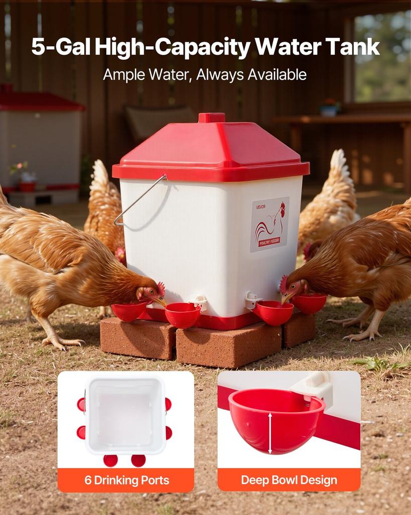 19L Automatic Chicken Waterer, 6 Water Ports, Automatic-Fill Water Cup, Automatic Gravity Waterer with Convenient Handle Sealed Rubber Ring,