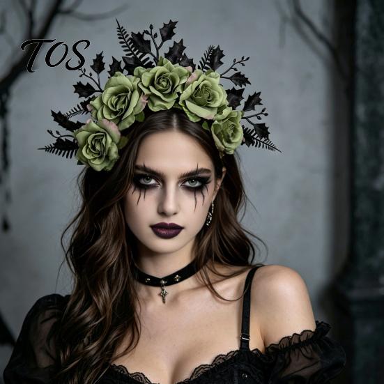 Vintage Rose Crown for Festivals Halloween Headband, Flower Leaf Hair Hoops Bands, Lightweight Floral Headpiece Daily Wear Gothic Hairband Cosplay