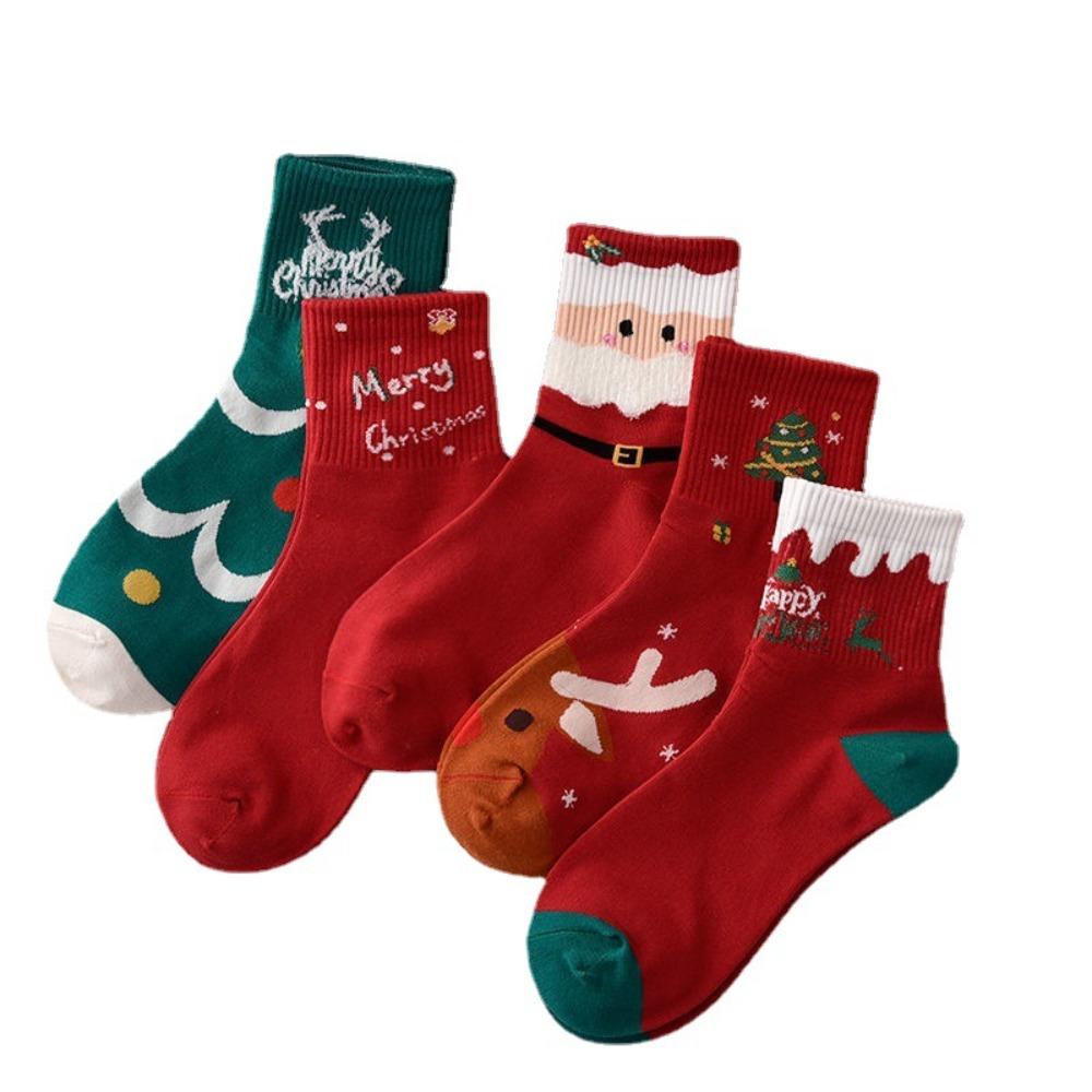 5Pairs Elk Christmas Socks Snowman Cotton Socks Women High Ankle Socks Mid-calf Socks Winter