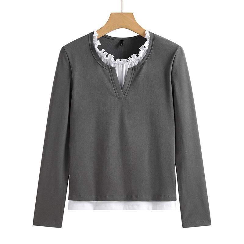 Женские топы на весну и лето, кружевной воротник, имитация двух частей, супер милая облегающая хлопковая футболка с высокой талией, имитация двух частей, длинный рукав