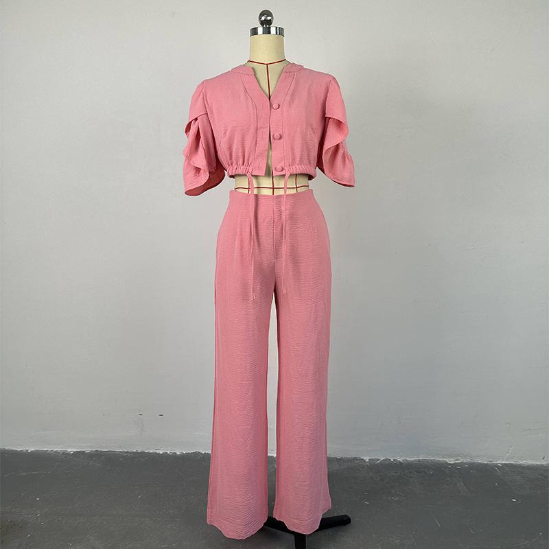Женский летний повседневный костюм с v-образным вырезом, расклешенными рукавами и шнуровкой, широкие брюки, брюки