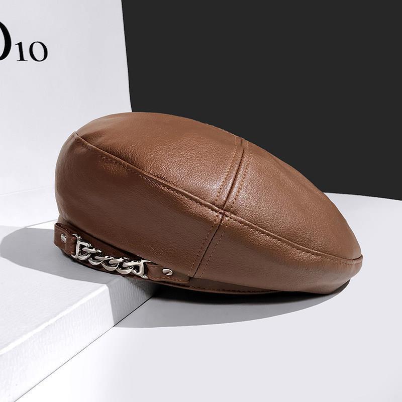 Женская мода винтаж элегантный металлическая цепочка кожа восьмиугольный берет дамы винтажные однотонные береты