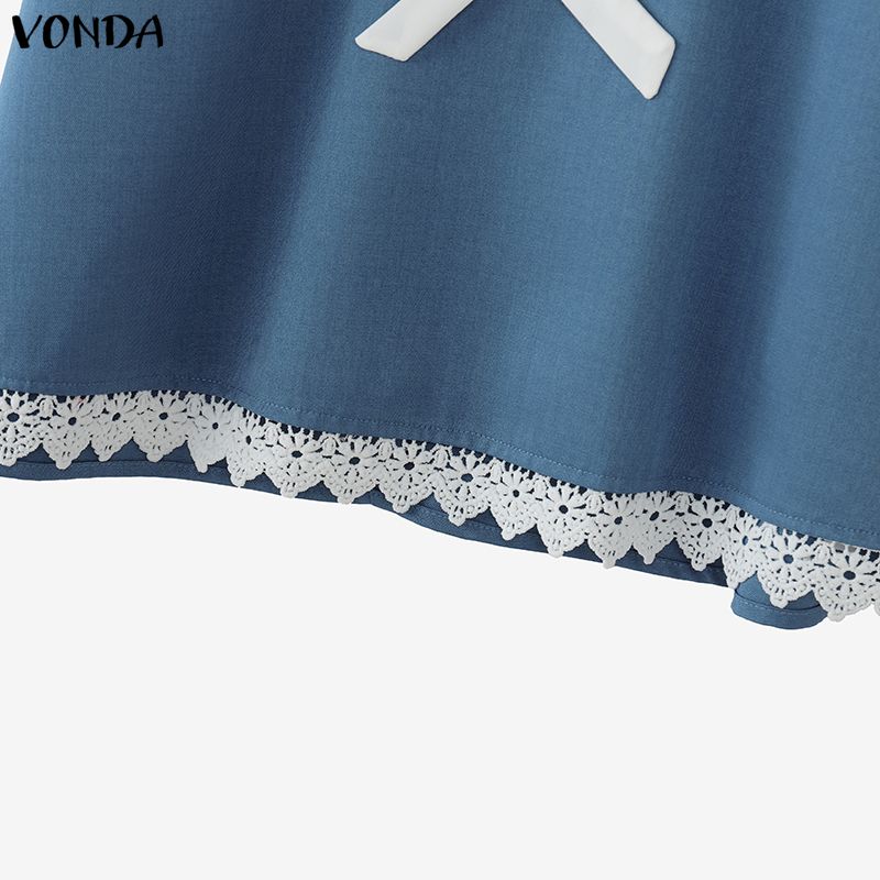 VONDA Элегантная женская блузка с отложным воротником, кружевной отделкой по подолу и бантом, повседневная, с коротким рукавом