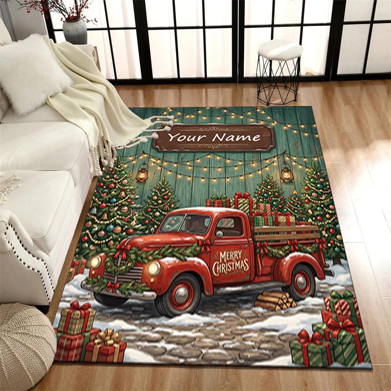 1PC Custom Name Christmas Truck Lights Theme Floor Mat Ideal for Living Room, Game Rooms, Office, Bedroom,Floor Mat Playful Design