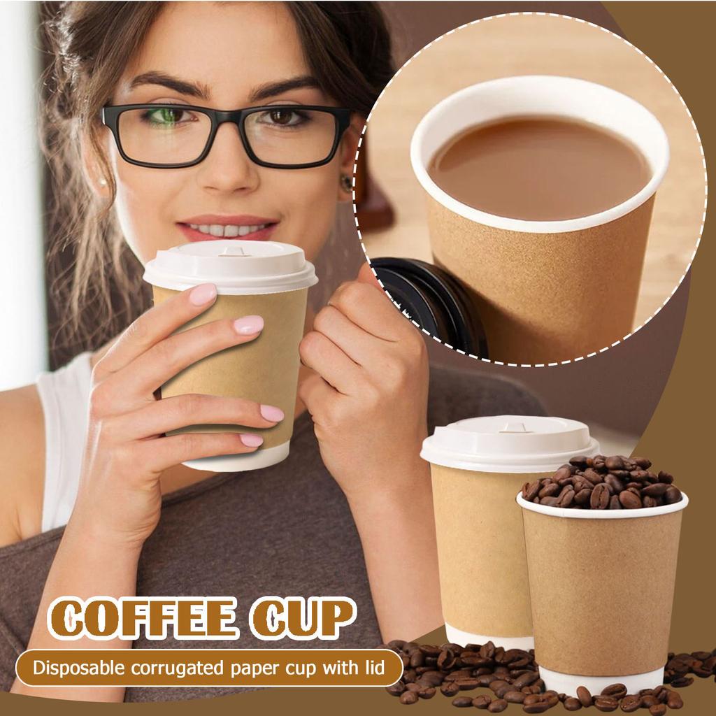 Disposable Paper Cups With Lids 8 Oz, Insulated Takeaway Cups, Corrugated Double Wall, 50 Count