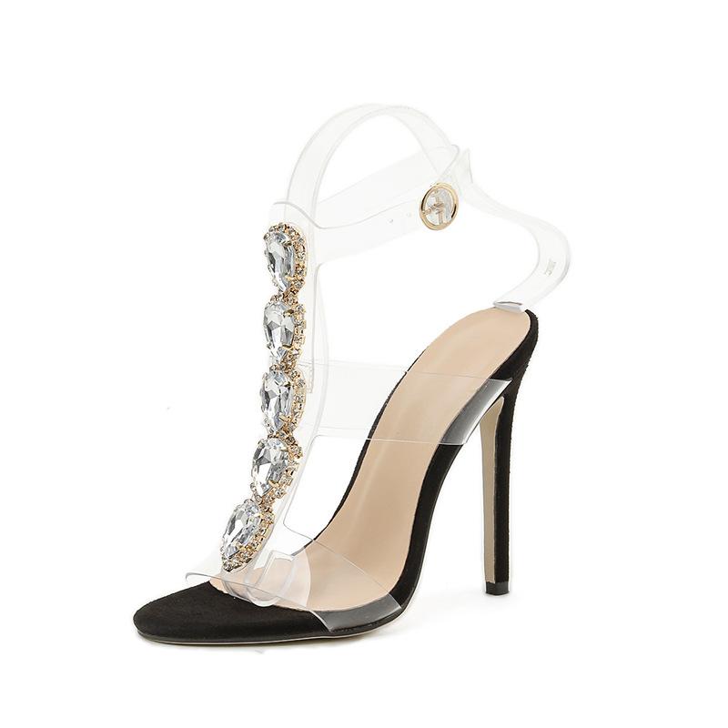 2024 Милый стиль украшения стразами острый носок тонкий высокий каблук женская роскошная обувь для вечеринок мода ПВХ щиколотки пряжка ремешок сандалии