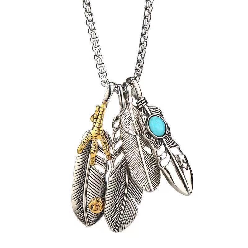 Feather Necklace Men'S Hip Hop Titanium Steel Necklace Vintage Personality Tide Pendant Student Simple Sweater Chain Women