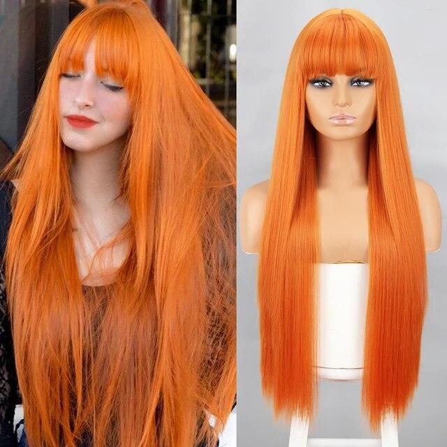 Оранжевые синтетические парики Длинные прямые парики с челкой для женщин Розовый Красный Косплей Вечерние Ежедневное использование Натуральные волосы