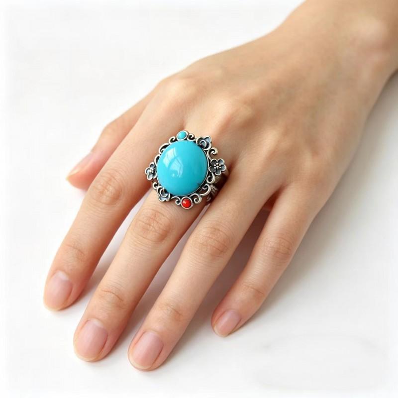 Adjustable Copper Ring With Turquoise Red Agate Floral Design Vintage Bohemian Style Women Men
