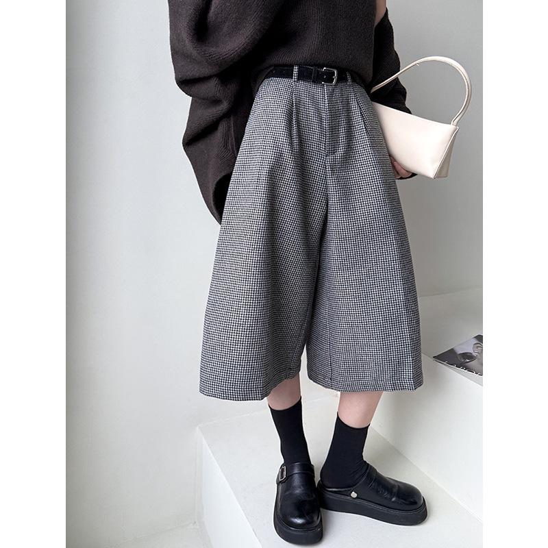 Ju Zhi Early Autumn Plaid Wool Wide-Leg Retro Houndstooth Pants
