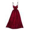 Red Holiday Style Dress Women 2025 Summer French Style Pure Desire Waist Hugging Temperament Sling Wooden Ear Backless Long Dress