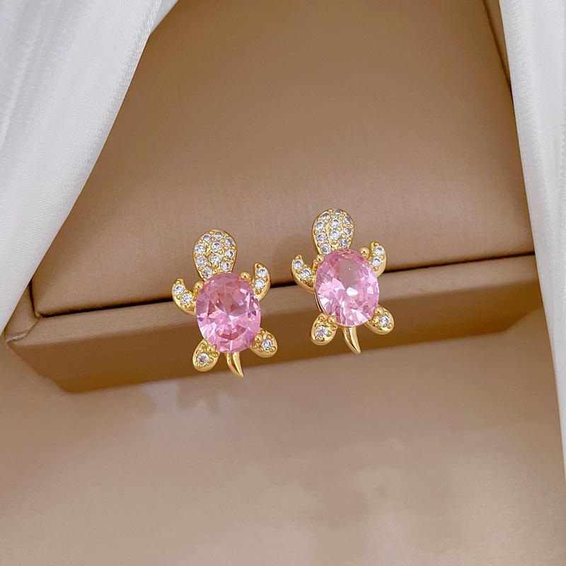 ZAKOL Stainless Steel Pink Sweet Cute Animal Crystal Tortoise Necklace Earring Set Women Girls Exquisite Jewelry Sets Gift