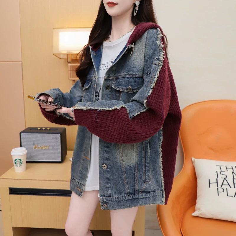 DIMANAF 2025 Зима Новая Куртка Женские Свитера Джинсовое Пальто Лоскутное Ватное Кардиган Вязание Карманы Свитер