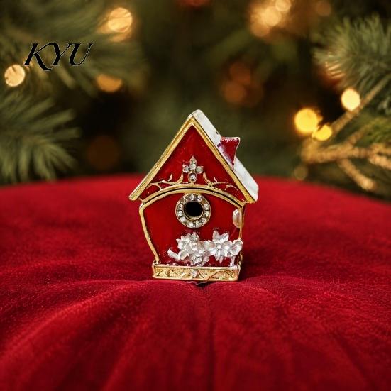 Collectible Snow House Keepsake Christmas Enamel Jewelry Box with Magnetic, Vintage Decorative Winter Themed Holder, Rhinestones Decor Alloy Ornament