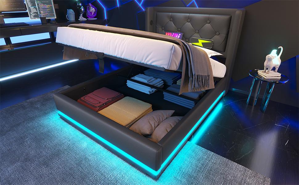 Upholstered Single Bed 90*200 cm, Black PU Hydraulic Storage Bed, Headboard with USB Type-C Charging, 3-Sided LED (With Mattress)