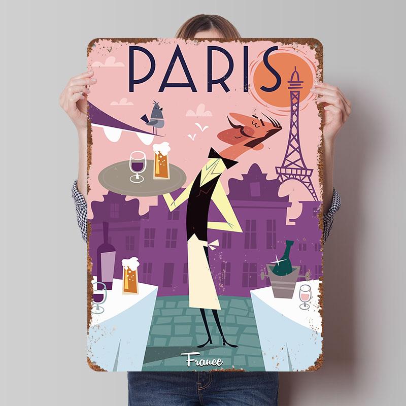 Paris France Retro Travel Metal Poster Custom Wall Art Retro Vintage Tinplate Signs for Man Cave Living Room Decoration House