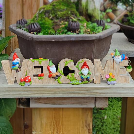 Dwarf Welcome Sign Resin Cartoon Dwarf Ornament Garden Gnome Letter Welcome Sign for Home Office