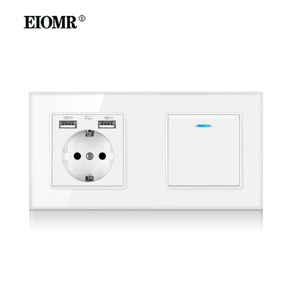 EIOMR Стандарт ЕС 16А Закаленное Хрустальное Стекло Панель Настенная Розетка Электророзетка Электрическая Вилка с USB 5В 2100мА AC110-250В Белый