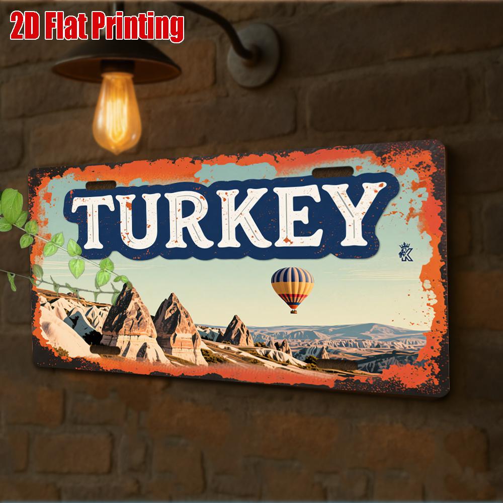 HD Aluminum Metal Sign, Turkey Cappadocia Vintage License Plate Style Wall Decor, Retro Hot Air Balloon Fairy Chimney Landscape