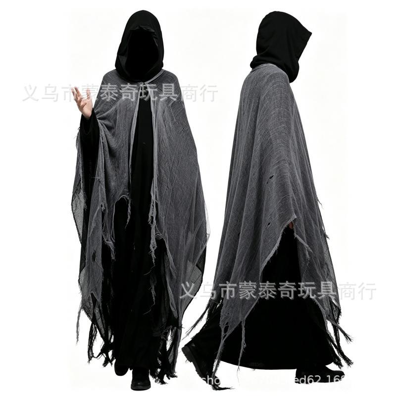 Halloween cape, tattered cloth cos Adult zombie costume, skull design Cape prop, horror, ghost, death, sticker