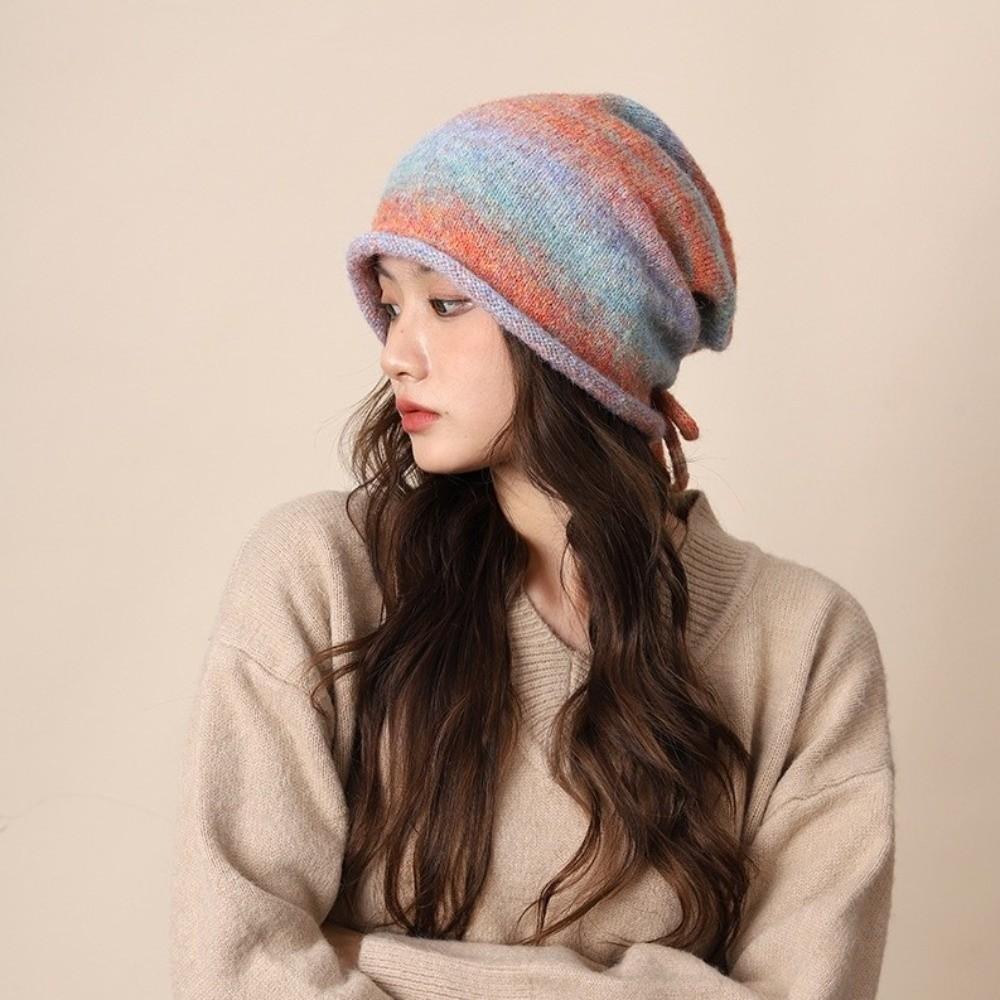 Gradient Color Beanies Skullies Knitted Drawstring Slouch Hat Fashion Bonnet Hat