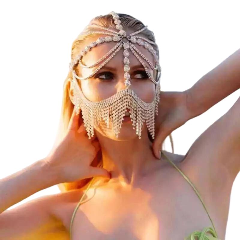 Сверкающая цепочка из страз, маска-вуаль, головной убор для женщин, элегантный, для вечеринки, танцевального костюма, модные аксессуары для волос