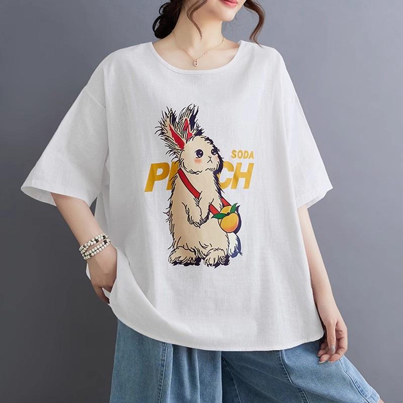 Топы для женщин хлопковая летняя футболка большого размера с круглым вырезом и принтом кролика, повседневный пуловер, футболка, топ