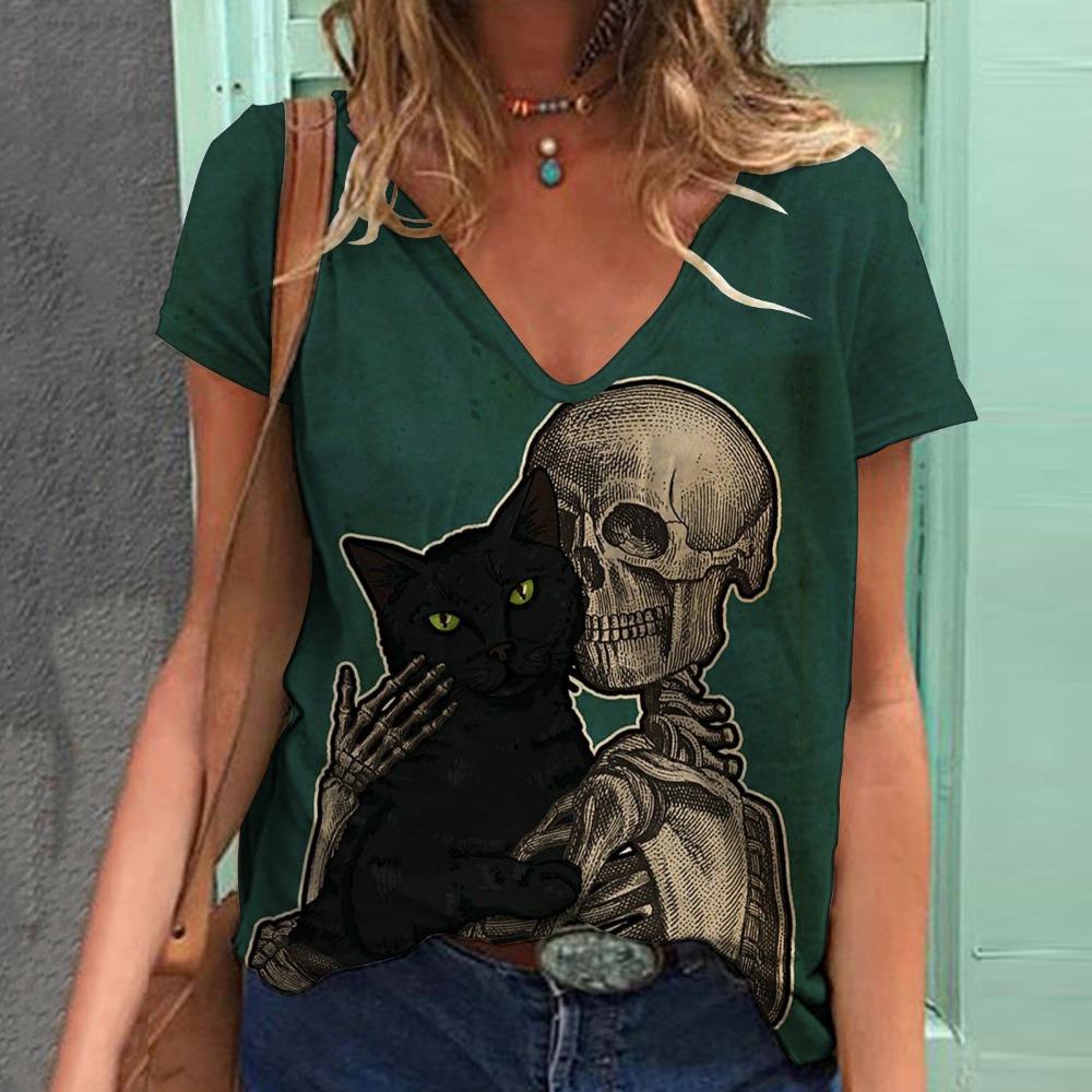 Модная женская футболка с рисунком кошки, короткий рукав, 3D-принт с изображением животных, футболка большого размера с V-образным вырезом, летняя женская одежда Y2k Harajuku