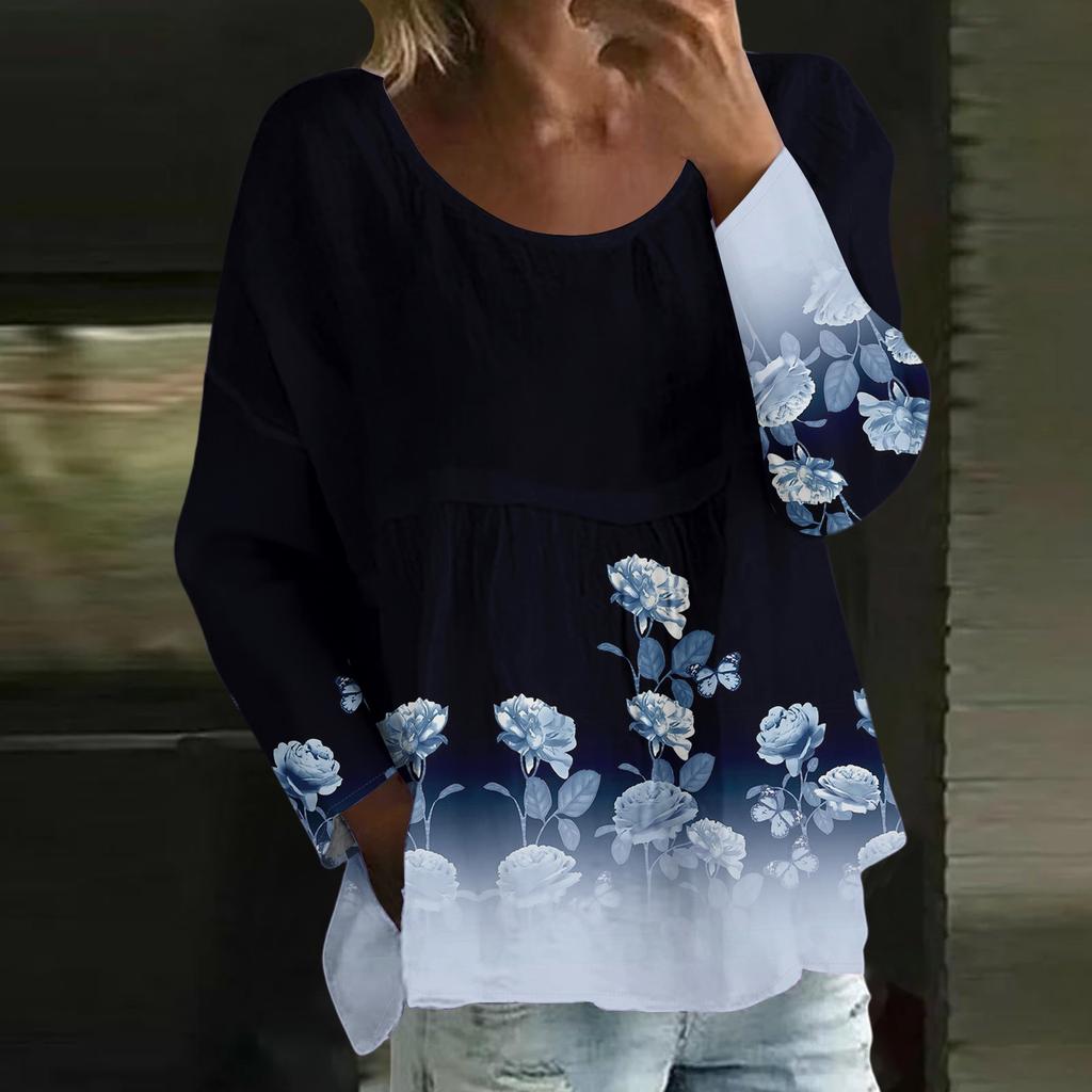 Women's Casual Fashion Loose Round Neck Floral Print Long Sleeve Top