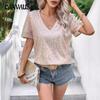 Ladies Summer New Sexy Solid Colour Sequins V-neck Short Sleeve Loose T-shirt