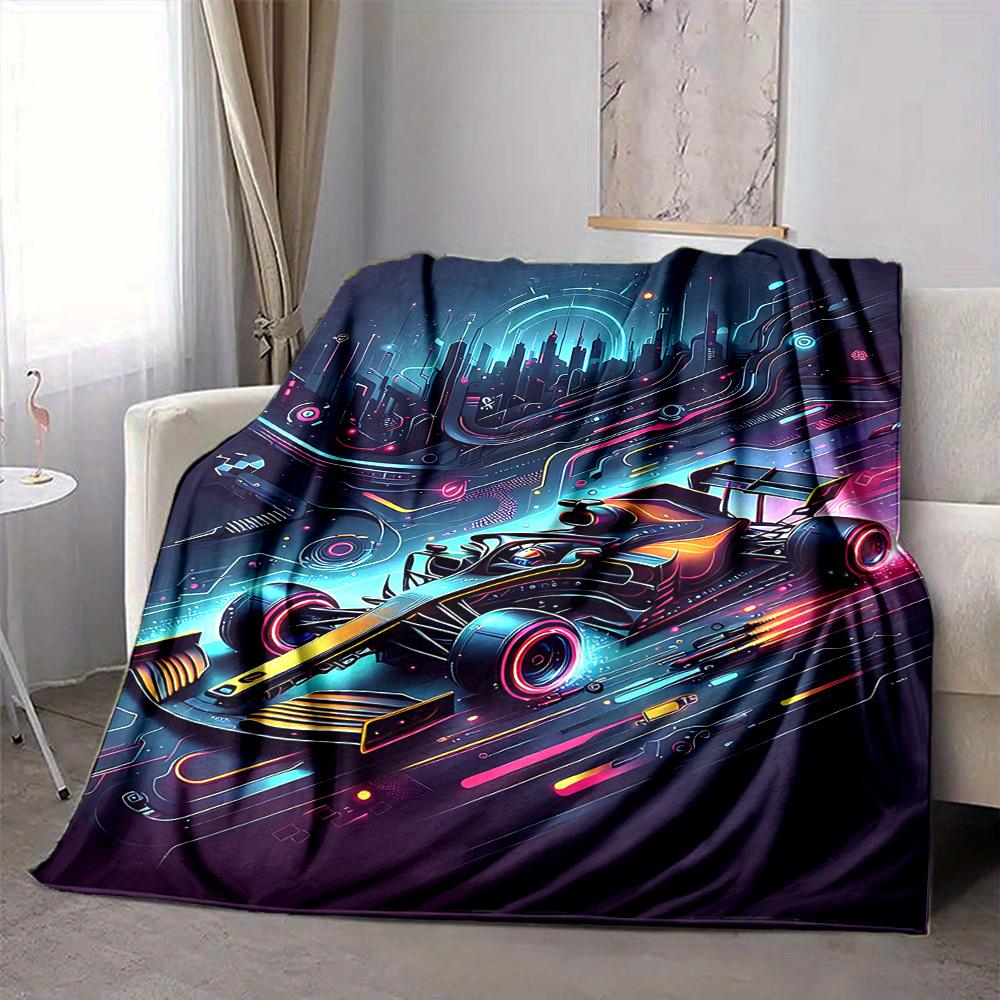 1pc Futuristic Racing Print Blanket Lightweight Flannel Throw Blanket For Sofa, Bed, Living Room, Office, Outdoor Travel, Camping