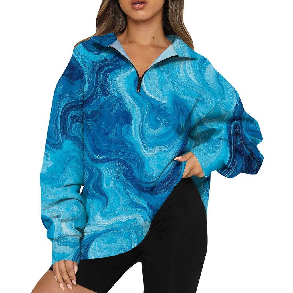 Женская мода повседневная толстовка с длинным рукавом и принтом на молнии с высоким воротом и заниженными плечами