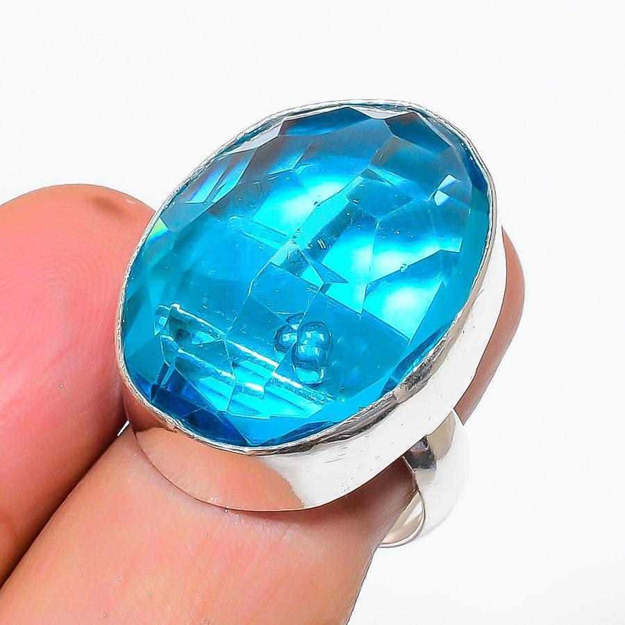 Natural Blue Topaz Gemstone Handmade 925 Sterling Silver Jewelry Ring Size 8 g7u65