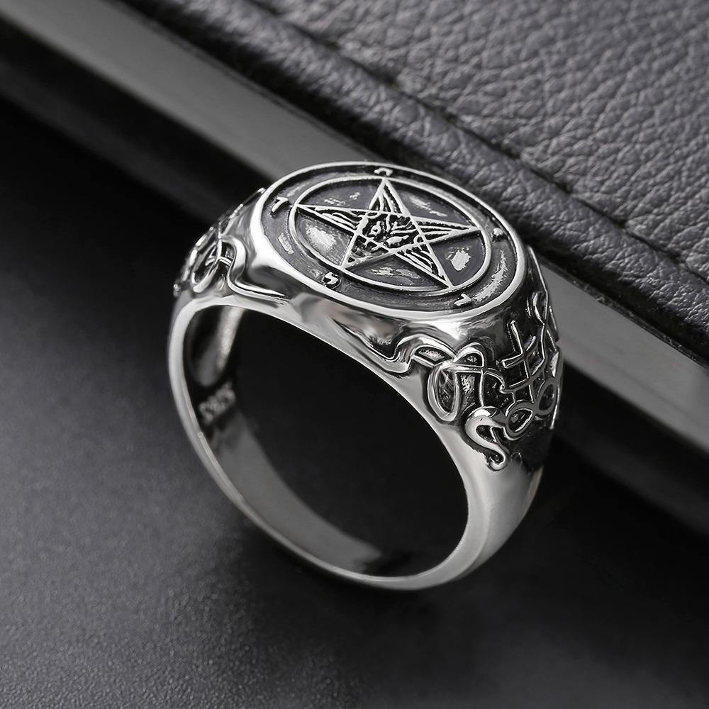 Satanic Baphomet Goat Head Ring with Inverted Pentagram Band Gothic Jewelry for Men Women