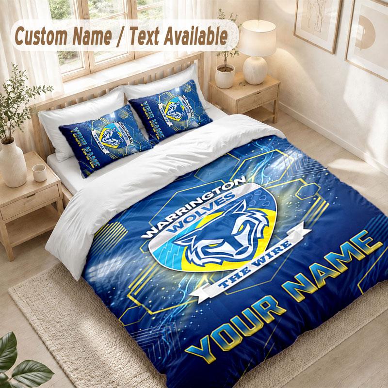 Постельное белье с индивидуальным именем, 3 предмета, принт Warrington Wolves FC, пододеяльник + 2 наволочки, мягкий декор для кровати