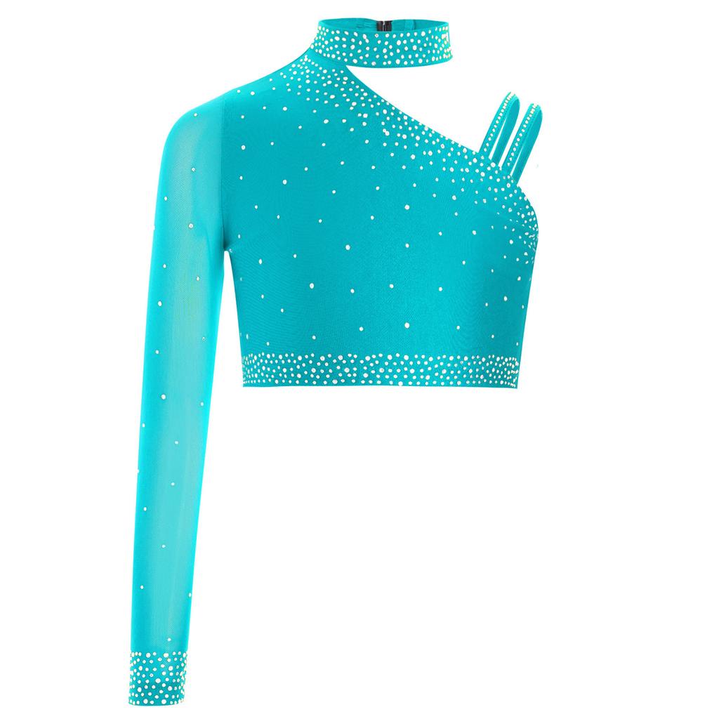 Girls Irregular Shoulder Sparkly Rhinestones Crop Top Dance Performance Stage Costume