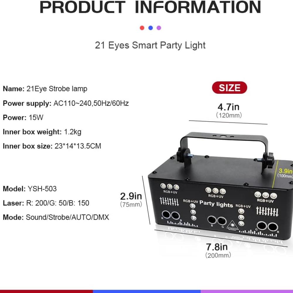 21 Eyes Stage Light Disco Dj Party Strobe Lights Sound Activated RGB UV Ball Lighting by DMX512 Control LED Ravelight for Home Party