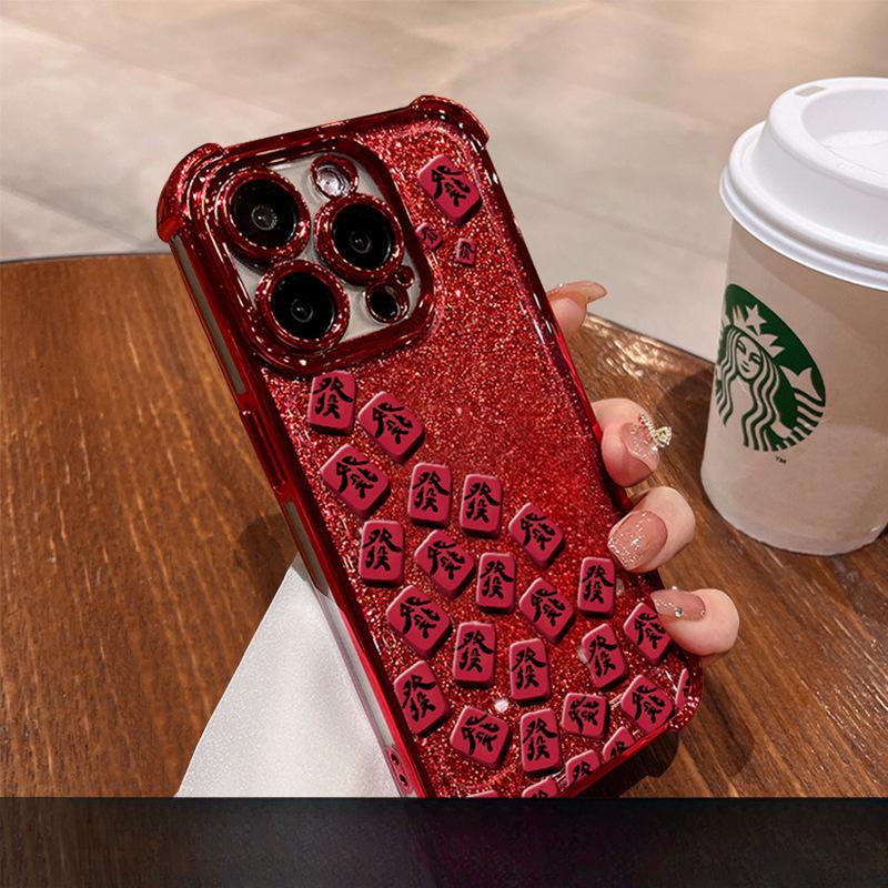 Маджонг Волосы Вращающийся Кронштейн Подходит для Apple 16pro Чехол для мобильного телефона на Новый год 15 Гальванизированные Четыре Угла Защита от падения 14/13 Силикон