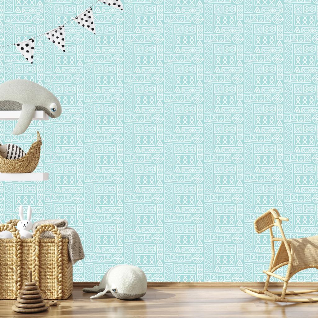 Polynesian Geometric Pattern Wallpaper Celadon and White 50x1000