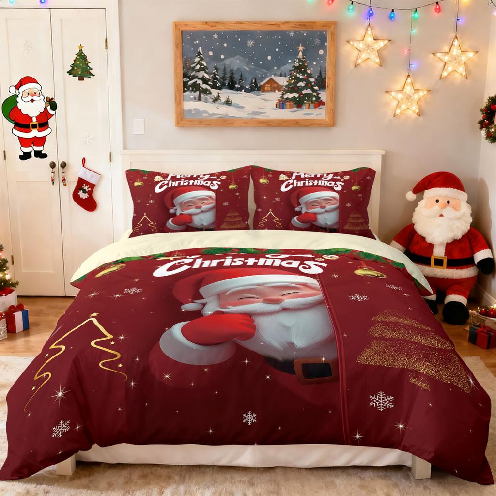 Comforter 3Pcs Cartoon Santa Claus Red Printed Coreless Multi Size Bedroom Bedding Holiday Decoration Machine Washable