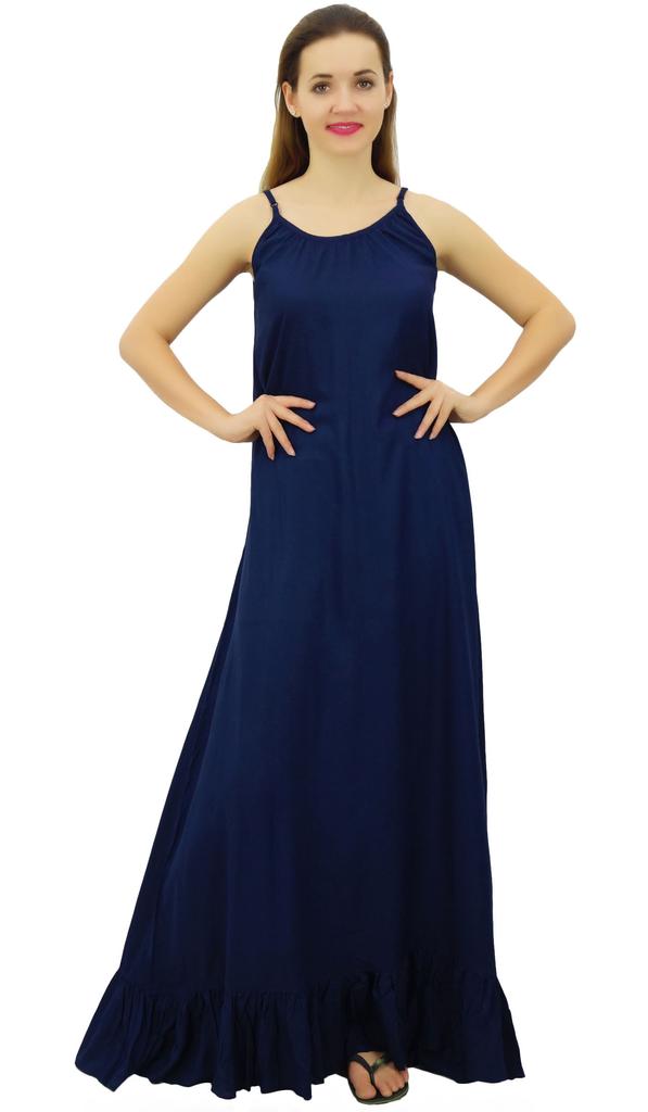 Bimba Women Rayon Night Gown Navy Blue Full Length Long Maxi Spaghetti Strap Sleep