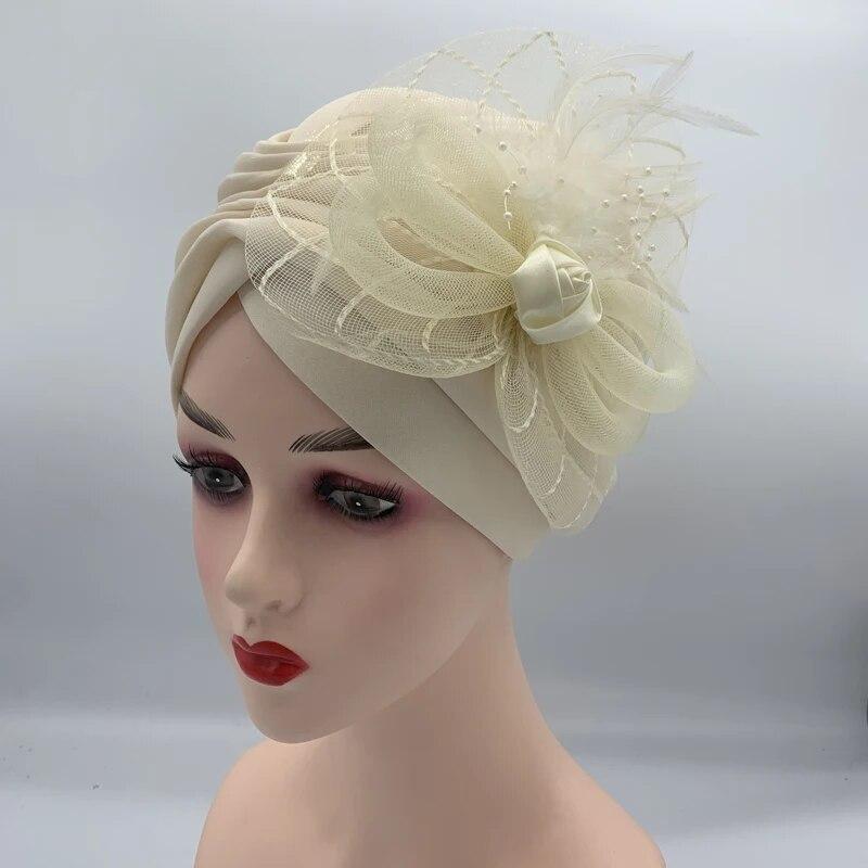 Feather Flower Ruffle Turban Caps for Women