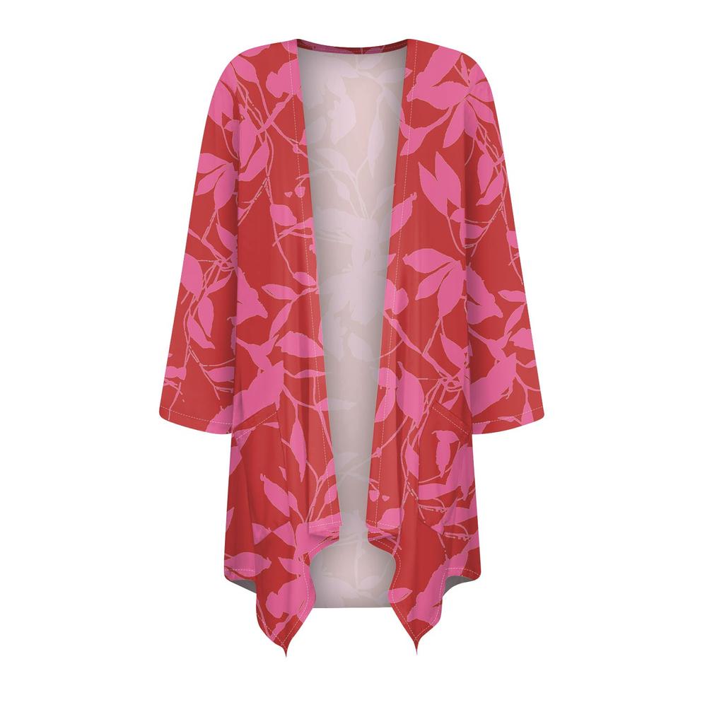 Women's  Print Irregular Three-quarter Sleeve Cardigan With Pocket Jacket